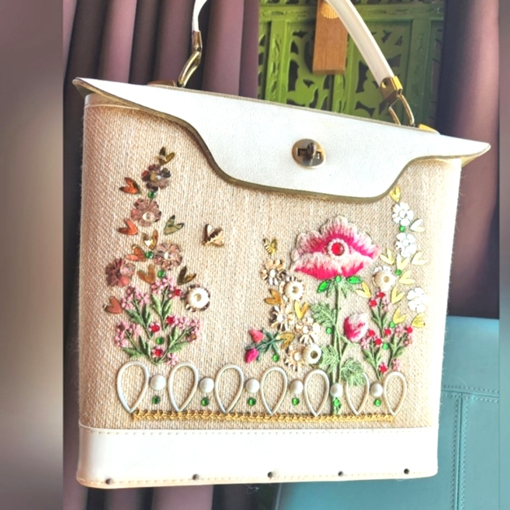 Vtg 60s EC Style Antique DIY Box Purse Bucket Embroidery Flowers Glitzy Handbag